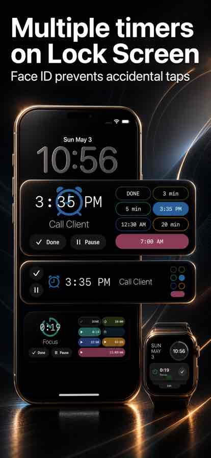 BusyDay Timer Lock Screen snapshot with multiple timers and Apple Watch example